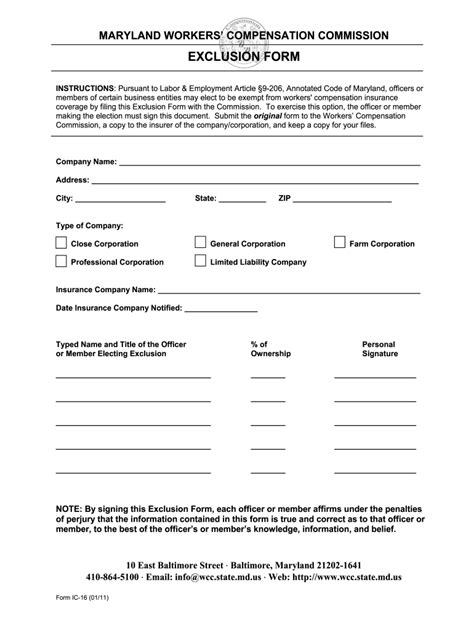 maryland workers comp exclusion form