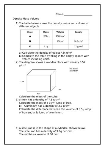 mass volume density worksheet 8th grade