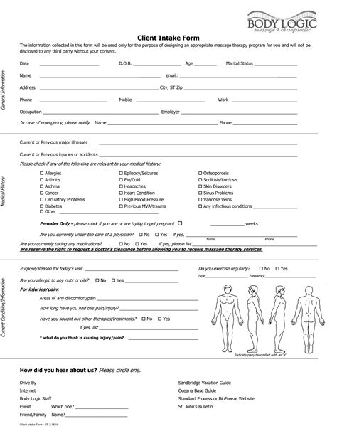 Massage Client Generic Printable Intake Form