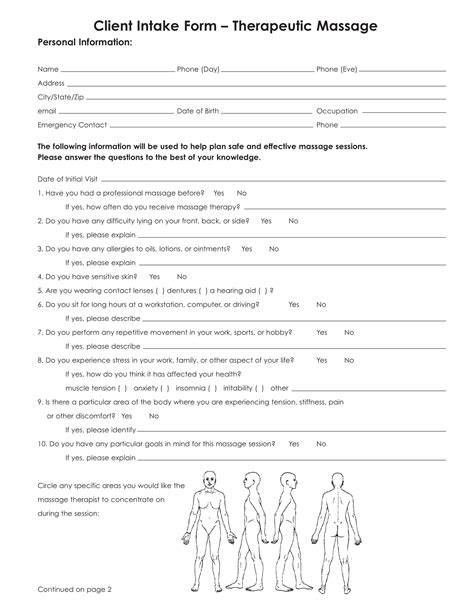 massage client intake form template