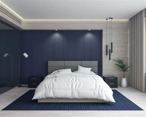 Master Bedroom With Dark Blue Accent Wall