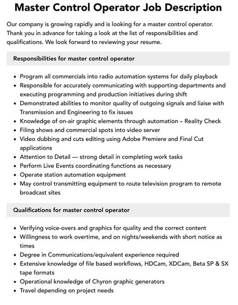 master control operator jobs