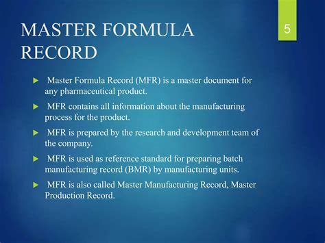 Master Formula Record Guidelines