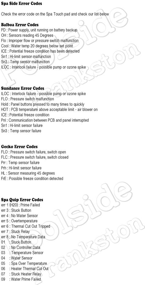 Spa error codes & Hot Tub topside touchpad control panel spa error
