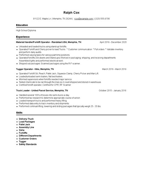 Material Handler Forklift Operator Resume
