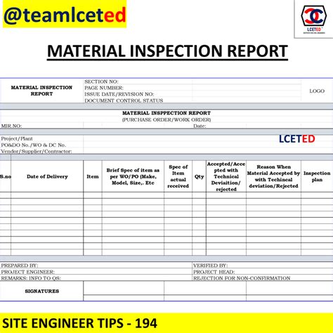 material inspection report format in excel