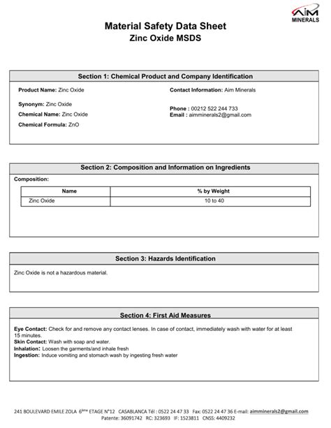 Material Safety Data Sheet Zinc Oxide