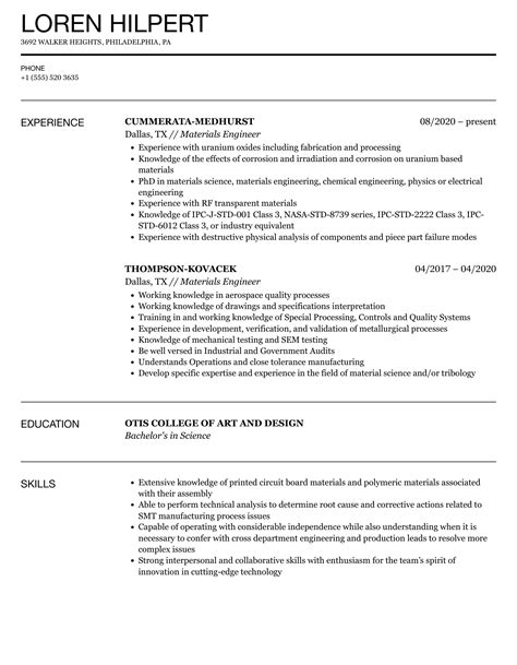 Materials Engineering Resume