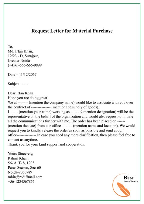 Materials Purchase Letter
