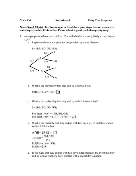Math 130 Worksheet 8 Using Tree Diagrams Answers