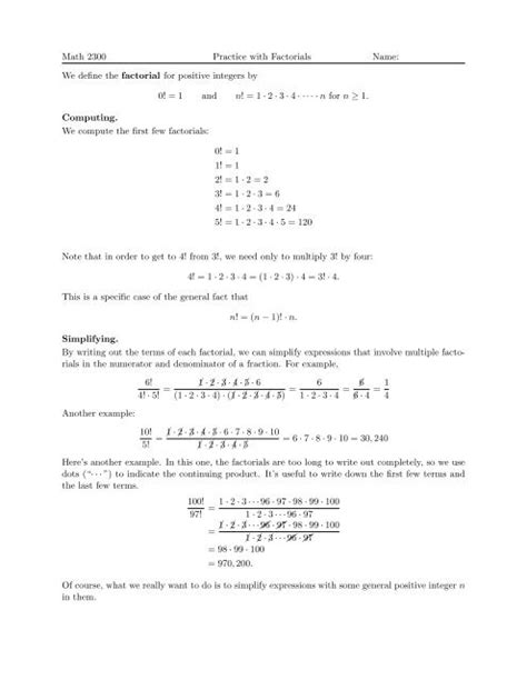 Math 2300 Practice With Factorials Worksheet