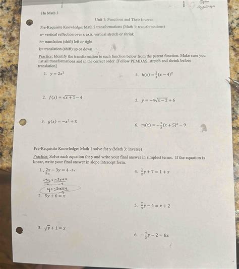 Math 3 Unit 1 Function Notes 1 Worksheet Answers