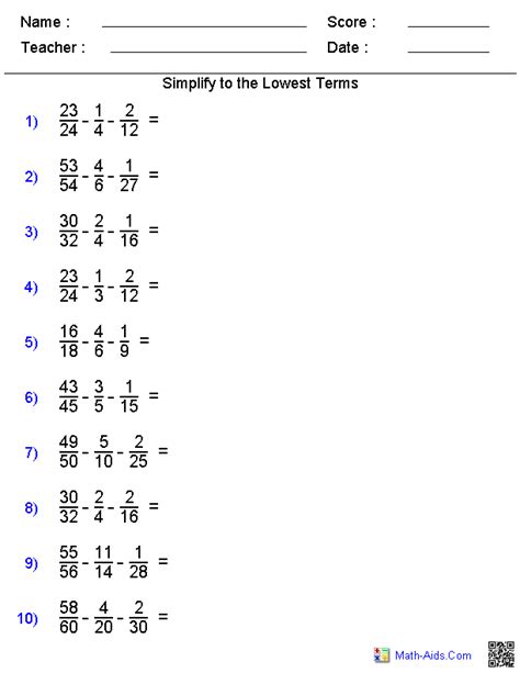 Math Aids Fraction Worksheet Answers