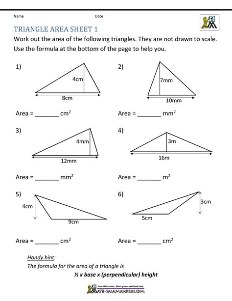 Math Area Worksheet For Area Of Triangle