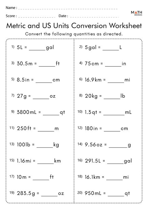 Math Conversion Metric System Chemistry Worksheet