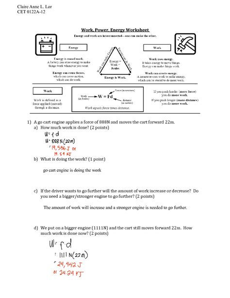 Math In Science Work And Power Worksheet Answers