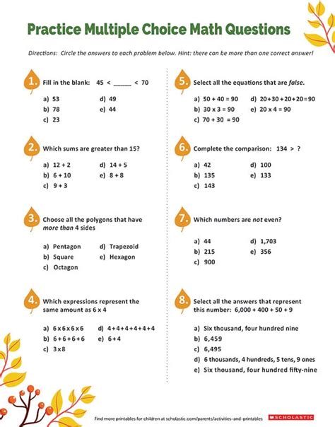 Math Multiple Choice Questions Worksheets