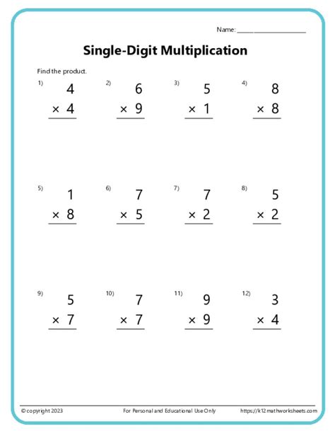 Math Multiplication Worksheets Single Digits