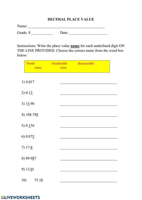 Math Place Value With Decimal Points Worksheet