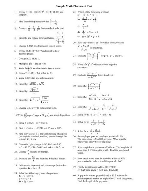 math placement test questions and answers