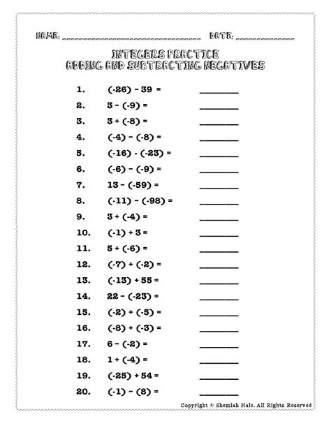 Math Practice Test Integers Printable