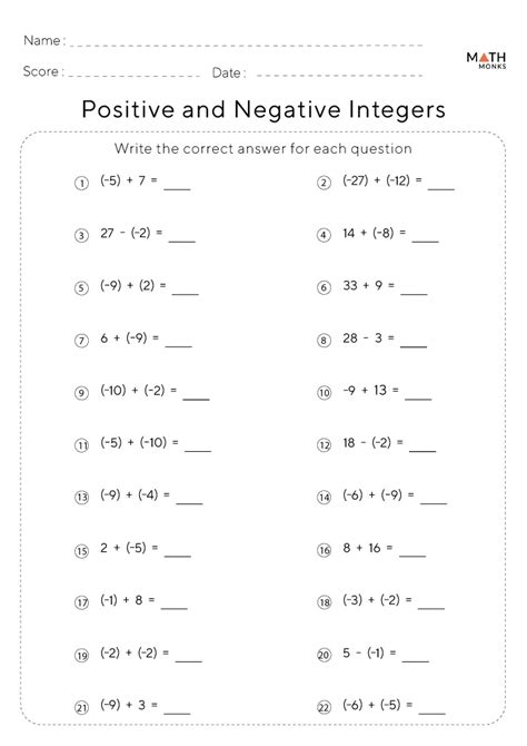 Math Problems For 7Th Graders Worksheets Negative