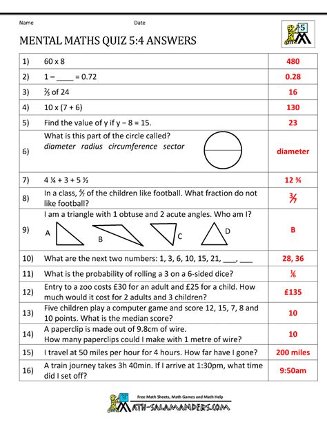 math questions for year 5 with answers