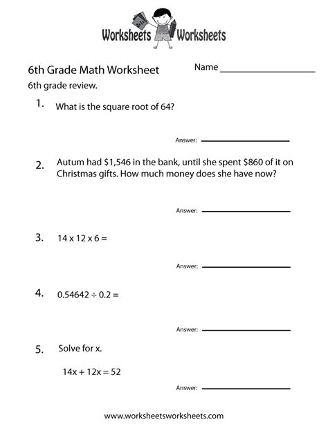 Math Skills Practice 6Th Grade Printable