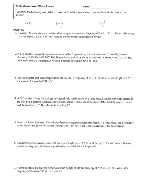 Math Skills Worksheet Wave Speed