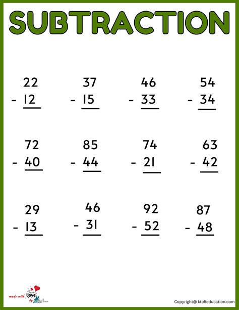 Math Subtraction Work Sheets Printable Free