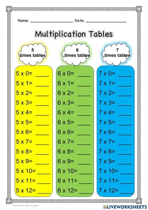 Math Tables Worksheet