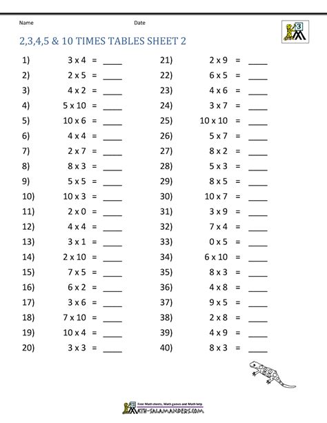 math times table sheets printable template