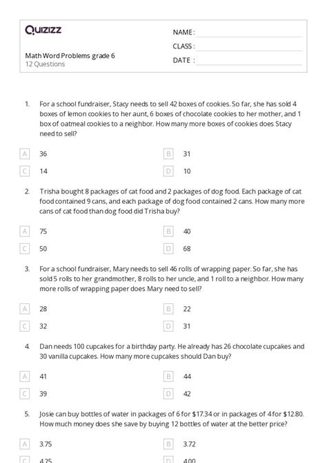 Math Word Problems Grade 6 Worksheets