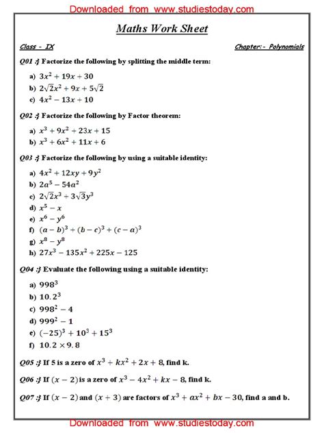 Math Worksheet Class 9