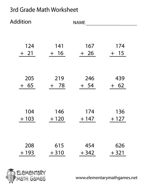 Math Worksheet For 3Rd Grade Addition