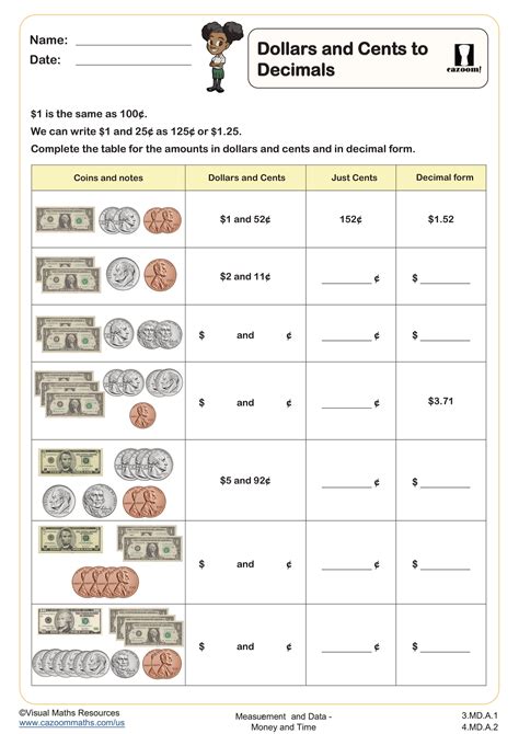 Math Worksheet Money Decimals