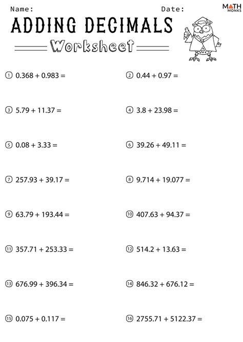 Math Worksheet Of Adding Decimals