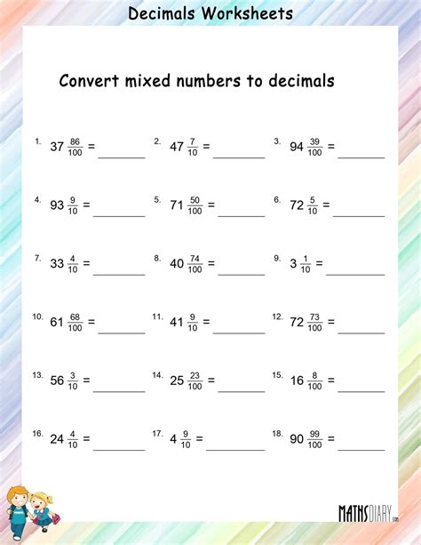 Math Worksheet On Mixed Fractions And Decimals