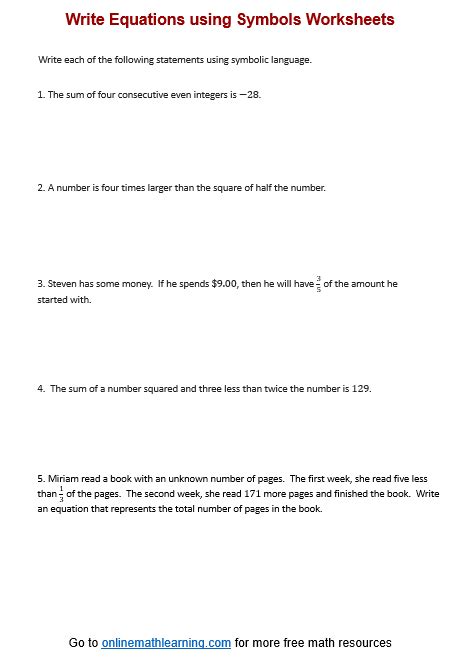 Math Worksheet Writing Equations Using Symbols
