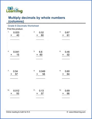 Math Worksheets 6 Grade Decimal Multiplication