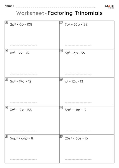Math Worksheets Factoring Trinomials