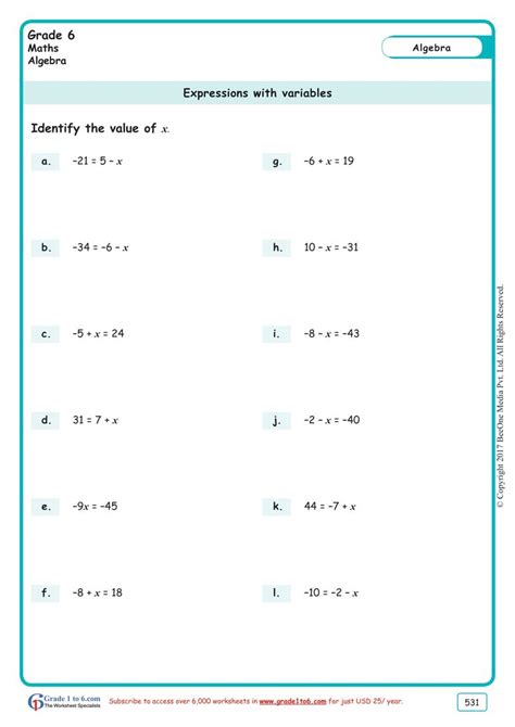 Math Worksheets Grade 6 Algebra