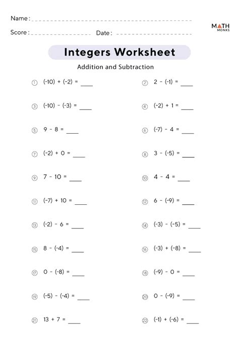Math Worksheets Integers