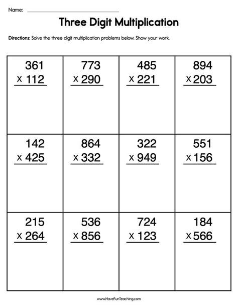 Math Worksheets Multiplication Three Digit Numbers