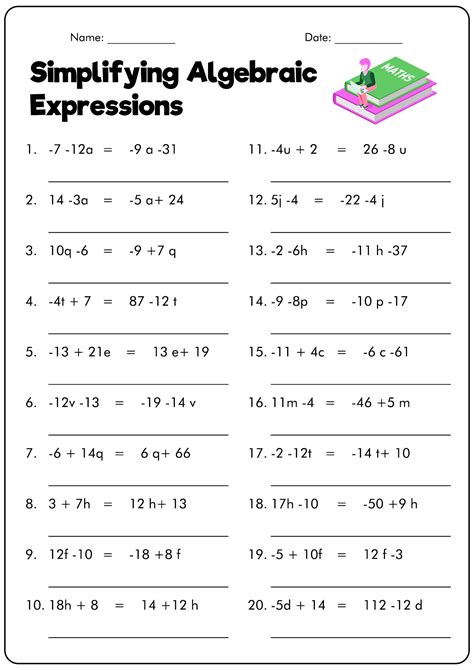 Math Worksheets Simplifying Algebraic Expressions