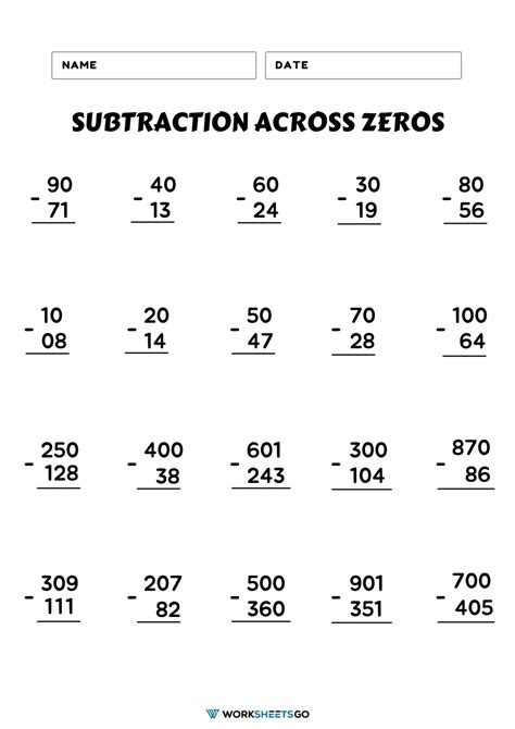 Math Worksheets Subtraction With Zeros