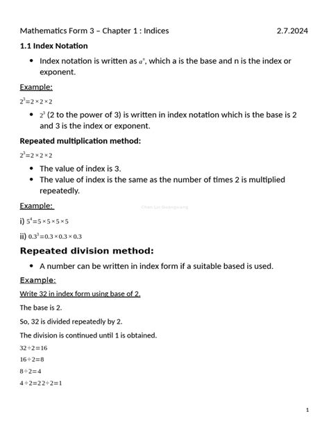 mathematics form 3 chapter 1 indices exercise with answers