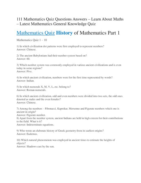 mathematics quiz questions and answers for high school