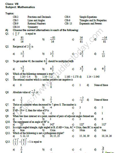 Maths Class 7 Worksheet 1