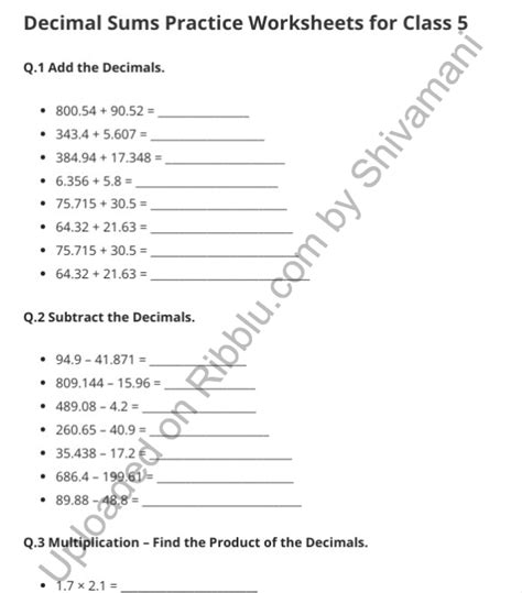 Maths Decimal Worksheet For Class 5